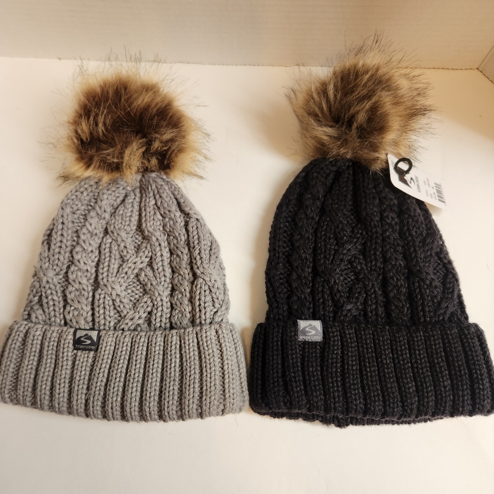 2 Storm Creek Womens Winter Hats Thick Cable Knit Warm Pom Size OS NWT